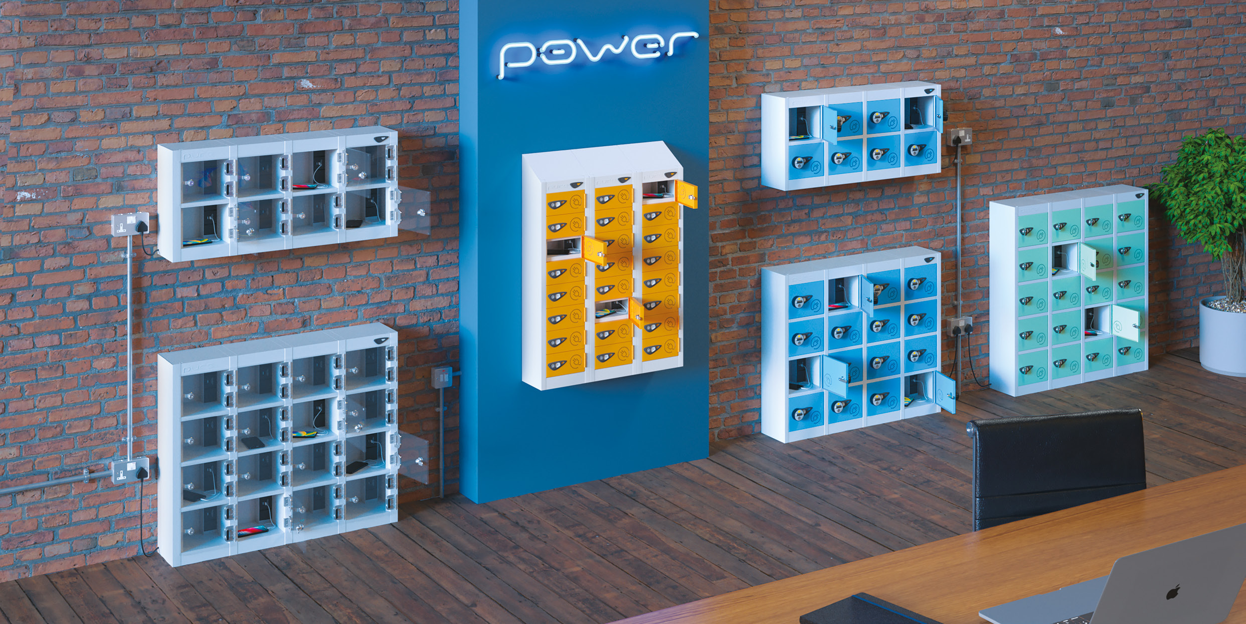 A range of secure charging lockers installed in a workplace setting
